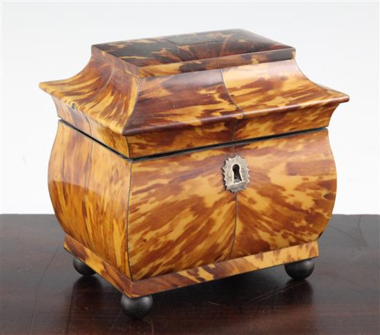 A 19th century bombe shape tortoiseshell tea caddy, 5.75in.